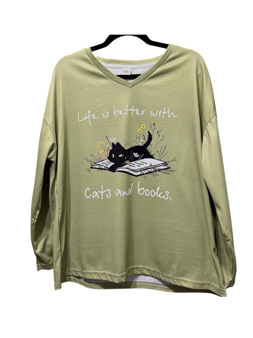 NEW NO TAGS Life Is Better With Cats & Books Graphic Long-Sleeve Shirt XXL Green